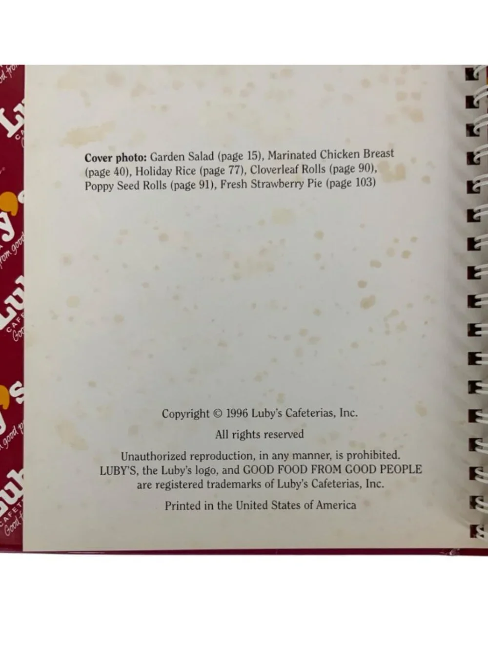 Lubys Cafeteria 50th Anniversary Recipe Collection Cookbook Spiral-Bound 1996